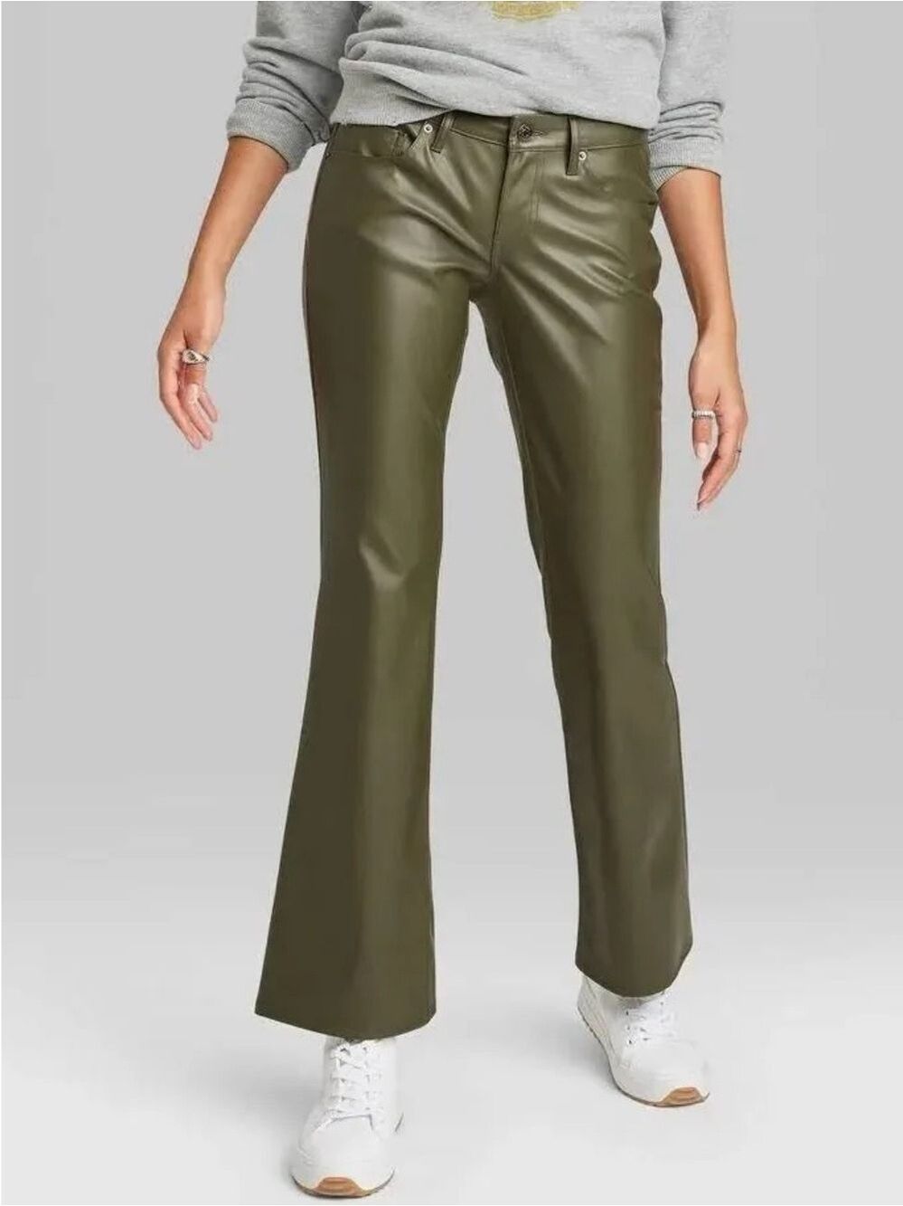 Women’s Wild Fable Low Rise Faux Leather Flare Leg Pants Olive Green Size 8 NWT